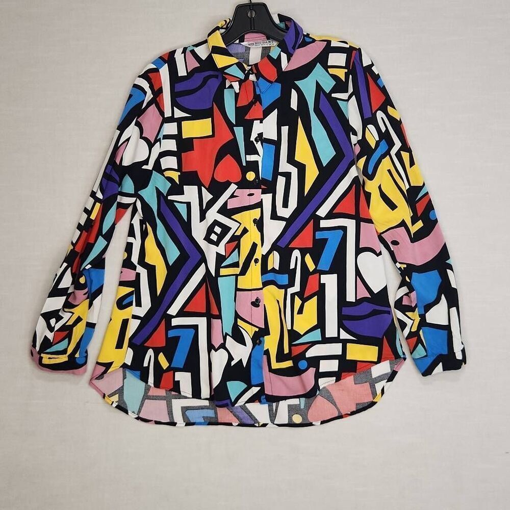 VTG Big Dart Geometric Art Print Button Down Long Sleeve Shirt Multicolor US 10